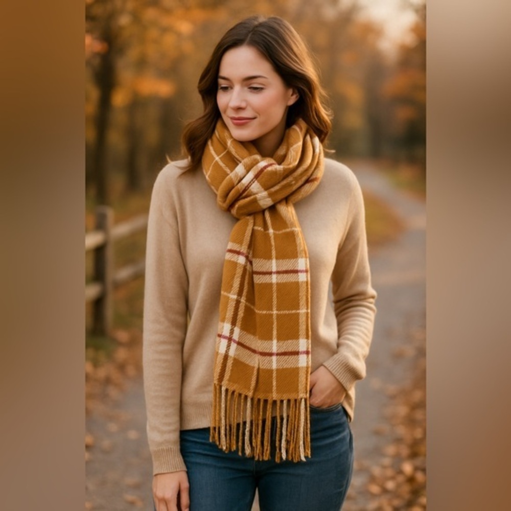 Soft Brushed Plaid Scarf –Lands’ End Classic Cold Weather Wool NWT 14"X70" #2449